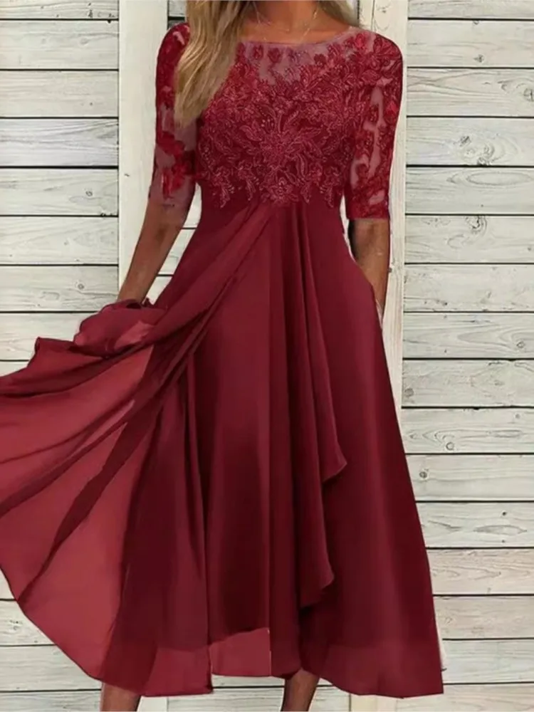 

Summer Fashion Chiffon Spliced ​​lace Hollow Midi Dress For Women Elegant Solid O-neck Short-sleeved Evening Dresses Female