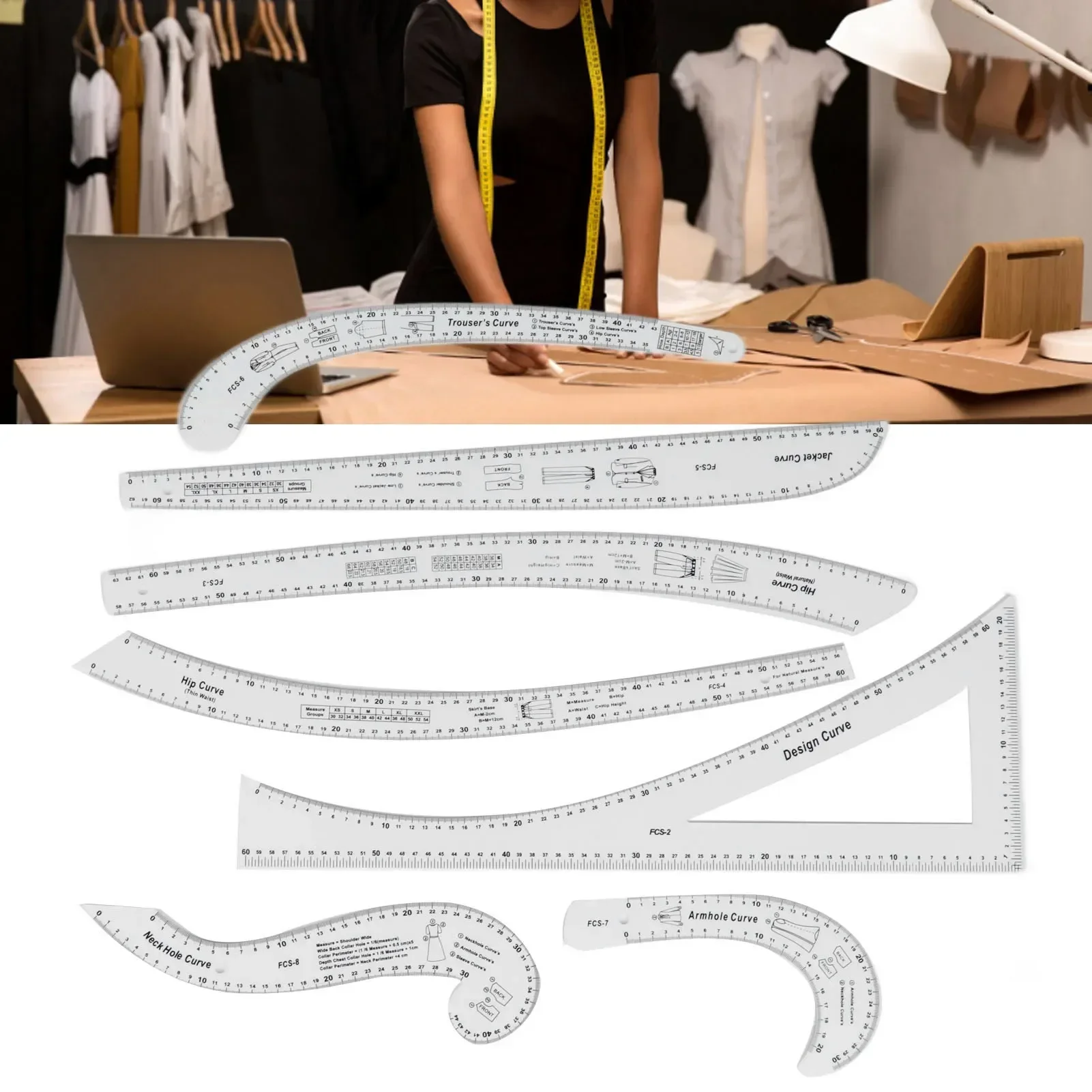 7Pcs Sewing Ruler Tailor Set Clear High Accuracy Scale Fashion Pattern Design Ruler Set For Making Pattern Drafting