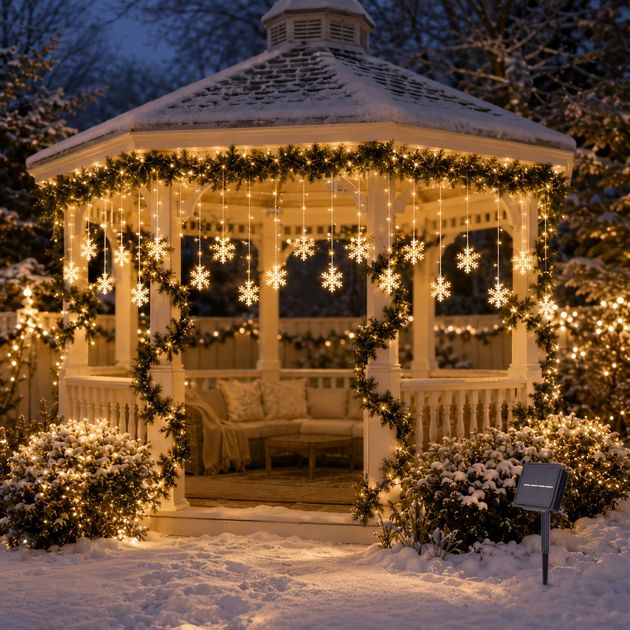 Outdoor Solar Snowflake Icicle Curtain Lights, LED Fairy String Lights, Hanging Lamp for Xmas Window & Holiday Party Decoration
