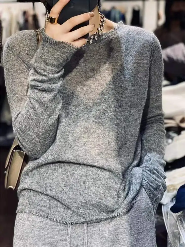 Thin worsted European spring and Autumn pure cashmere sweater women's round neck stripe bottom sweater lazy loose knit sweater