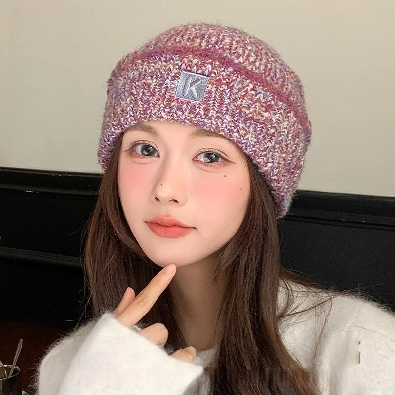 

Knitted Cap Autumn Winter Warm Pile Hat Embroidery Letter Label Trend Hundred Large Headwrap Pullover Cold Hat