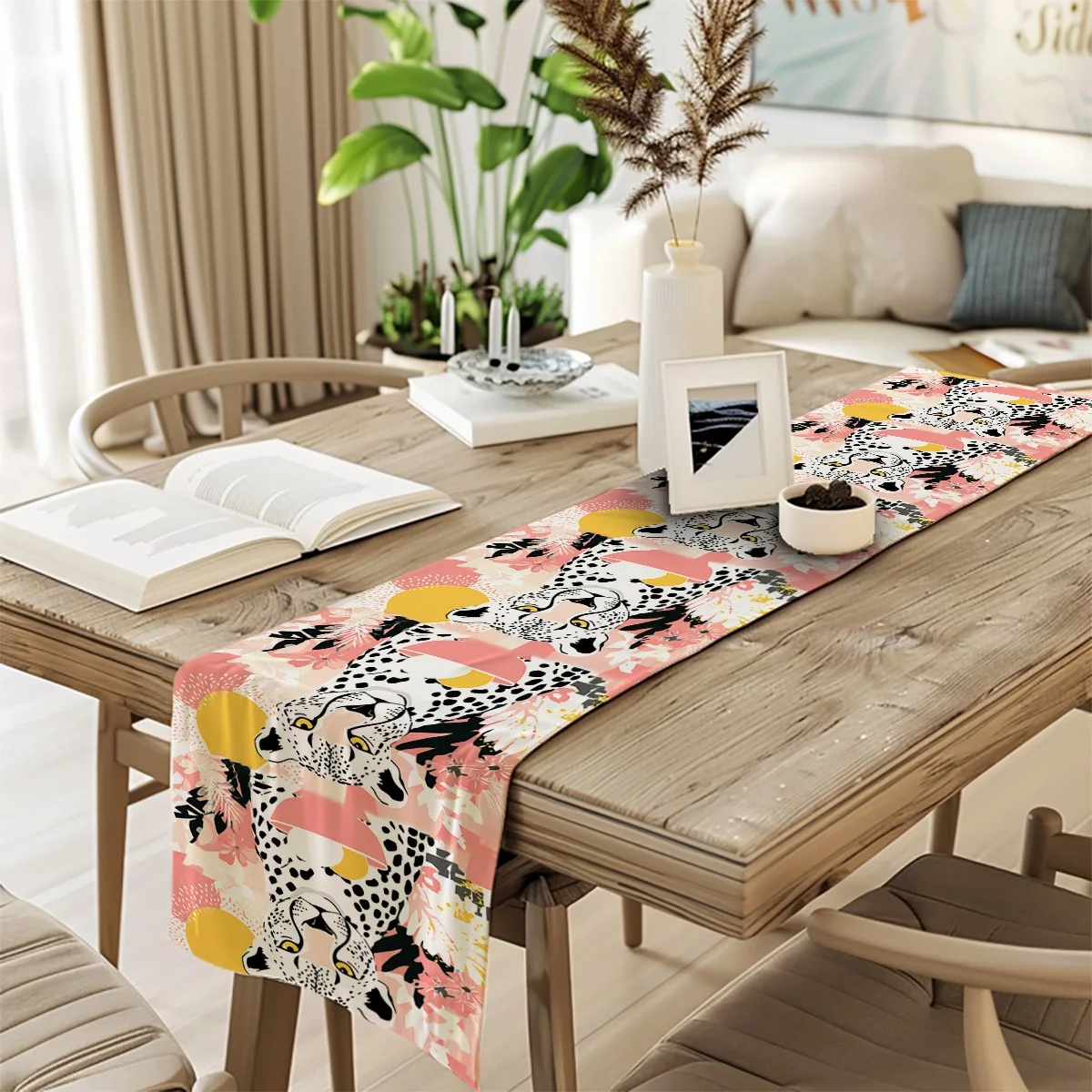 bedruckter Tischläufer mit Geparden- und Blumenmuster im böhmischen Stil, langes Tuch für Hochzeiten, elegante Wohnaccessoires, langlebiger Stoff für Zuhause