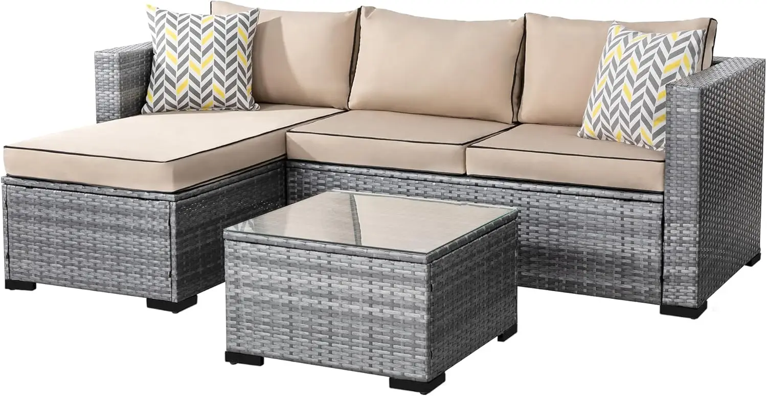 

Patio Furniture Sets 3 Pieces Outdoor Sectional Sofa Silver All Weather Rattan Wicker Sofa Small Patio Conversation Couch Khaki