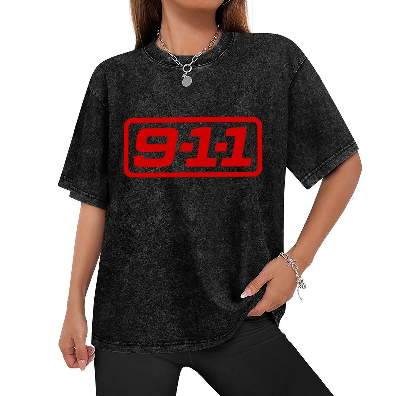 9-1-1 on ABC logo (standard red on black) T-Shirt tops baggy shirts cotton graphic tees black t shirts for men