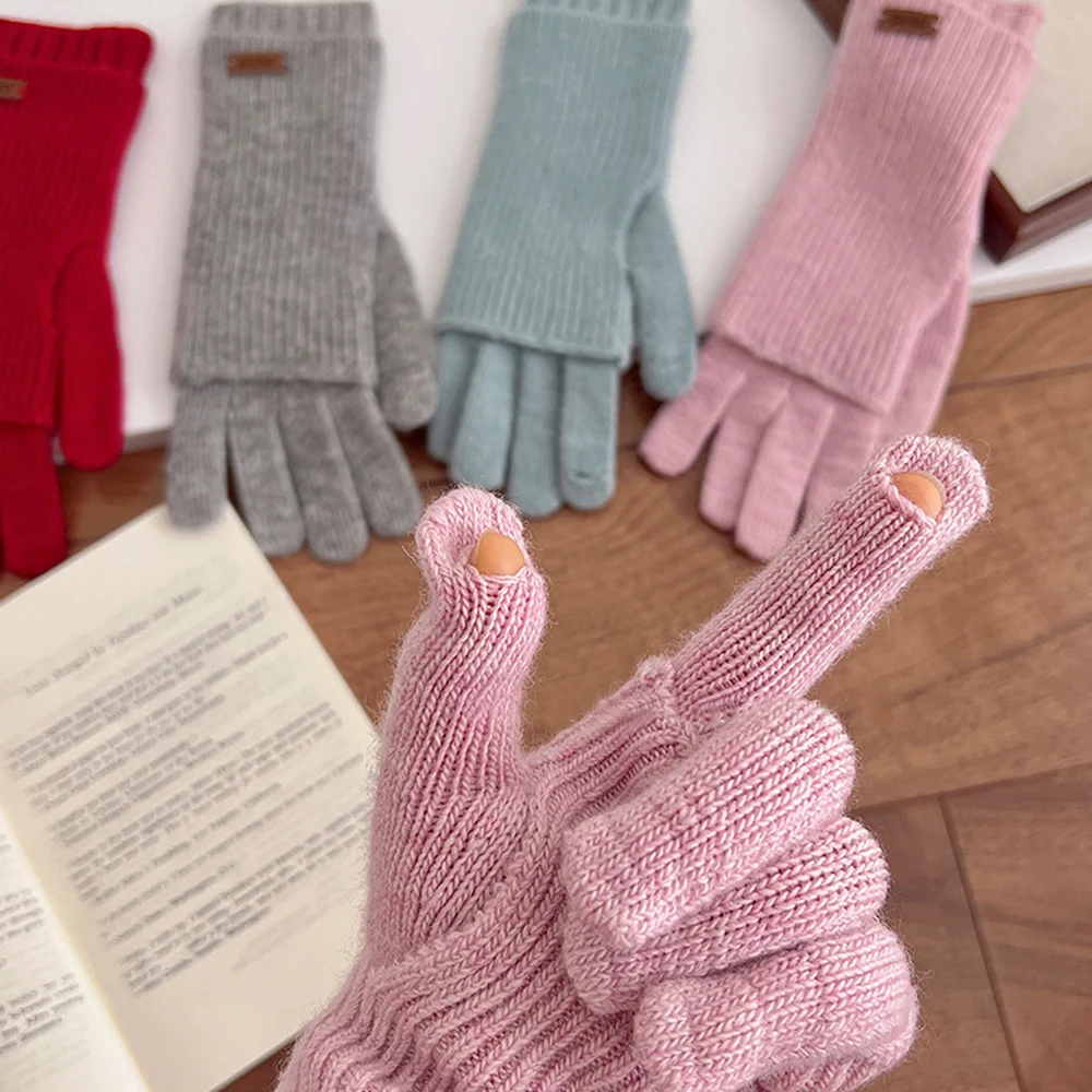 

Winter Double Layered Wool Mittens Female Dual Purpose Knitting Gloves Versatile Fashionable Gloves Solid Color Warm Mittens