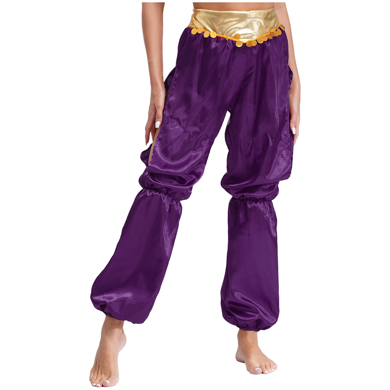 Women Belly Dance Costume Halloween Arabian Princess Cosplay Metallic Ruched Waistband Bloomers Side Split Pants Bellydance Wear