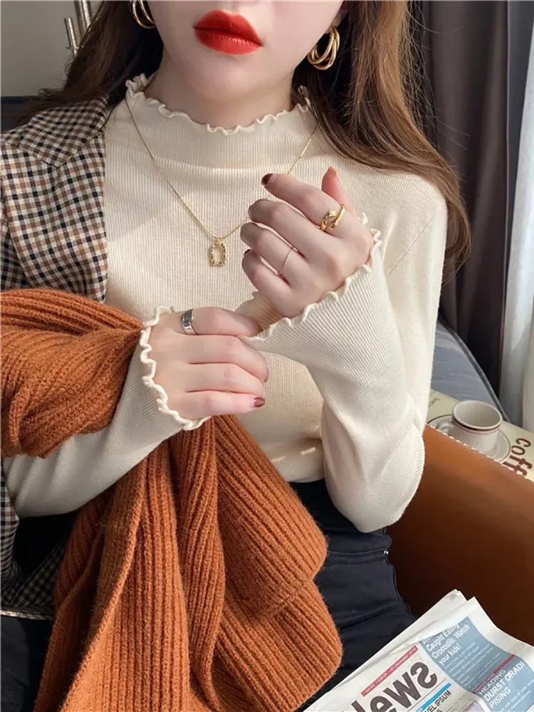 2025 Women Knitted Ribbed Pullover Autumn Winter Sweater Korea Long Sleeve Ruffles Turtleneck Slim Jumper Soft Warm Pull Femme