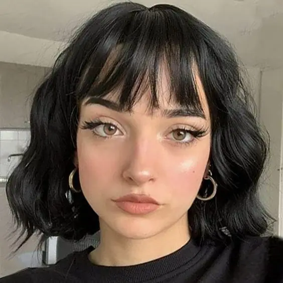 Short Wavy Bob  with Bangs Synthetic Natural Looking Daily Party Black Wigs