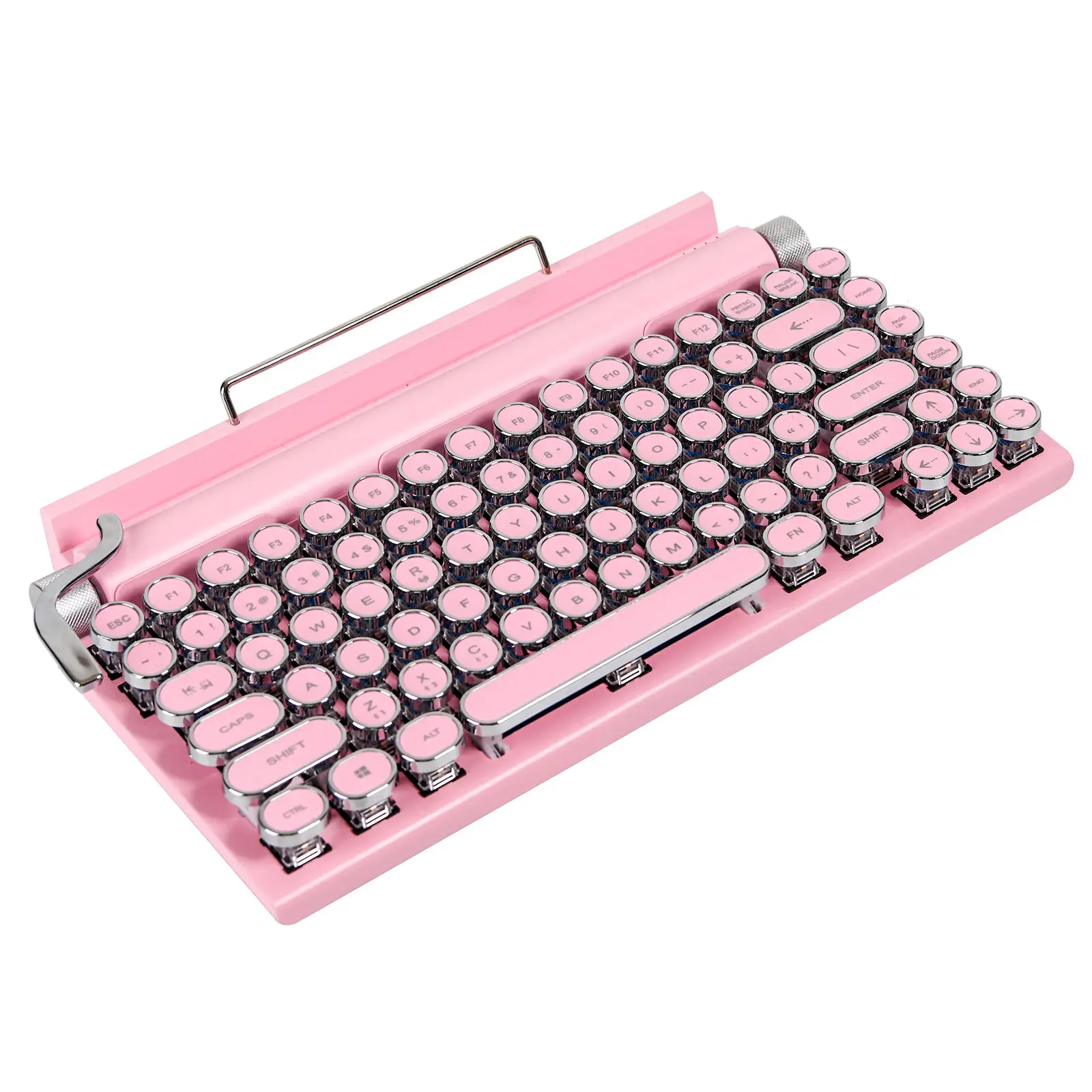 

Retro Punk Keyboard Wireless Typewriter BT Mechanical Classical, Punk Round Keys Gaming Keyboard Pink White Color For Gifts Girl