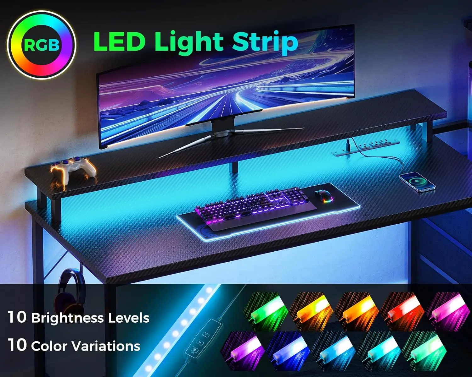 مكتب ألعاب مقاس 59 بوصة مع منافذ شحن USB وإضاءة LED - مكتب كمبيوتر قابل للعكس مع أرفف تخزين