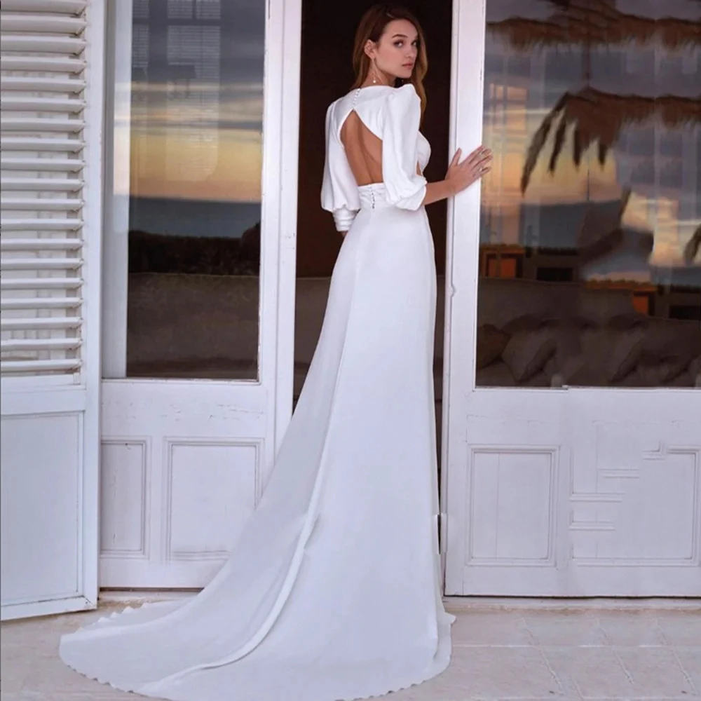 Wedding Dress 2024 Bride A-Line V-Neck Midi Sleeve Backless Trailing Bridal Gowns Long Dresses for  Prom Evening Dresses