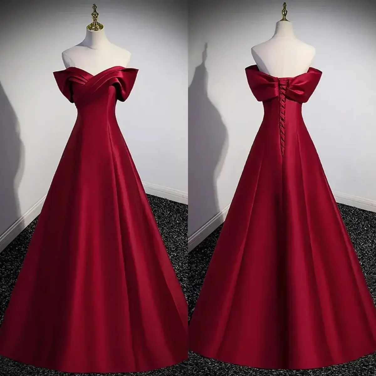 Evening Dresses Burgundy Shiny Satin Off the Shoulder Lace up Pleat A-line Floor Length Plus size Women Party Formal Gown