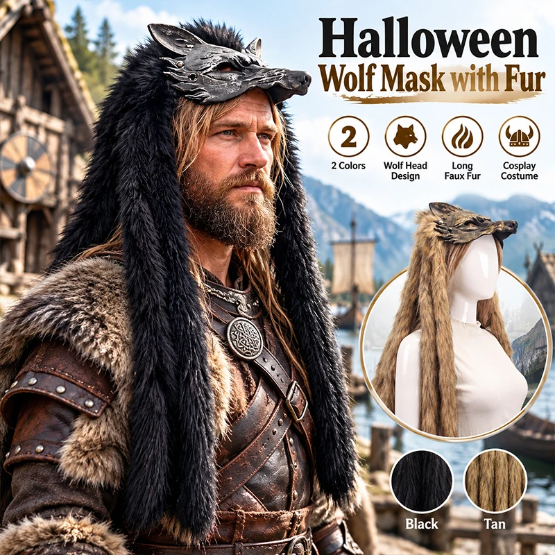 Retro Gothic Wolf Head Fur Cosplay Props Unisex Medieval Viking Tribal Style Faux Fur Headdresses Party Werewolf Costume 4