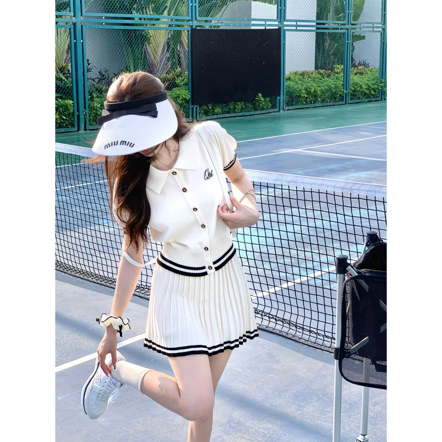 

College set summer new knitted polo short sleeved top half skirt high waist pleated skirt two-piece set high-end