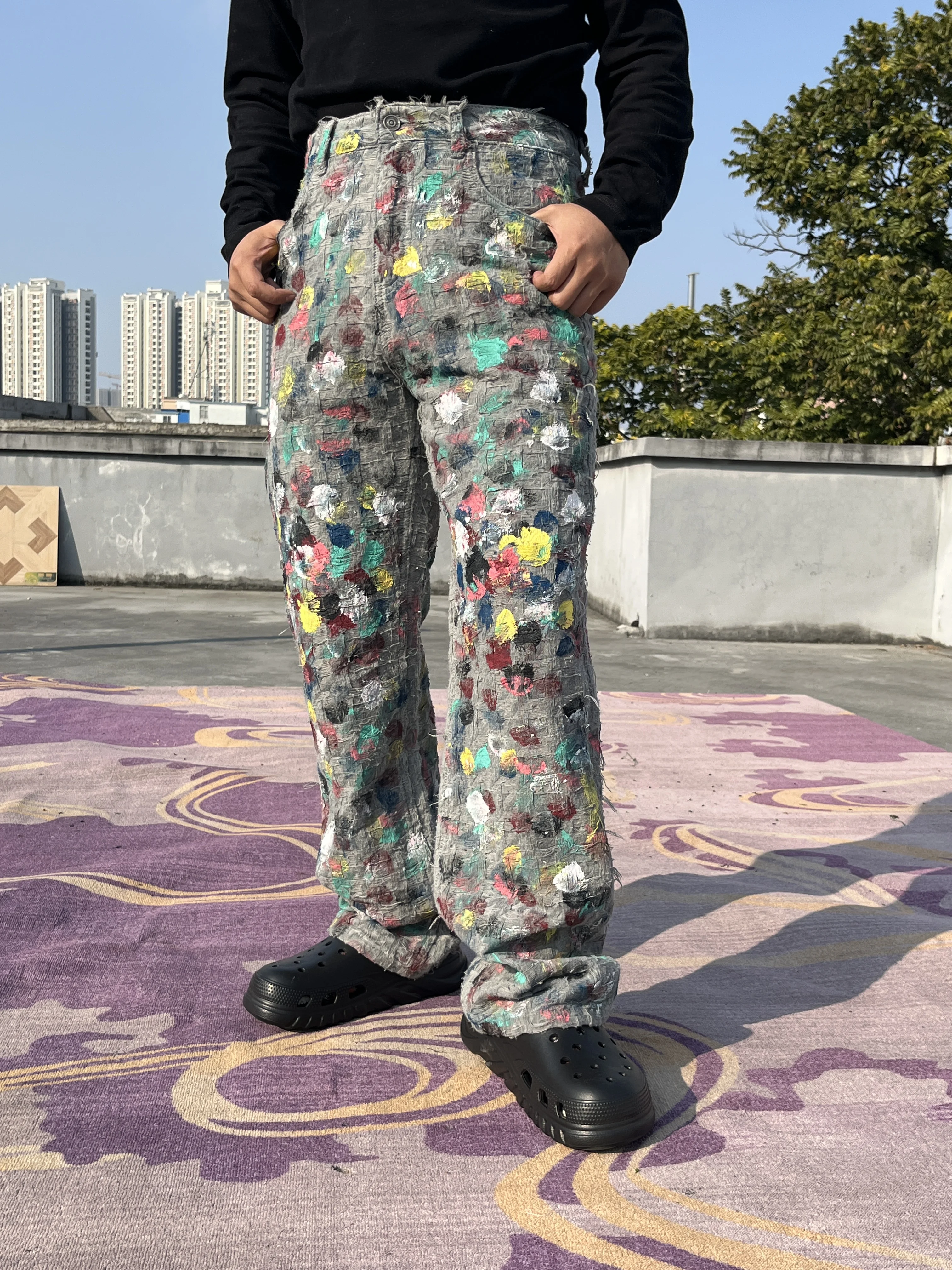 AL088 BLCG High Waist Super Quality  Loose Fitting Denim Pants  Heavy Thick Unisex Fashion Art Stylish Hand Painting Jeans