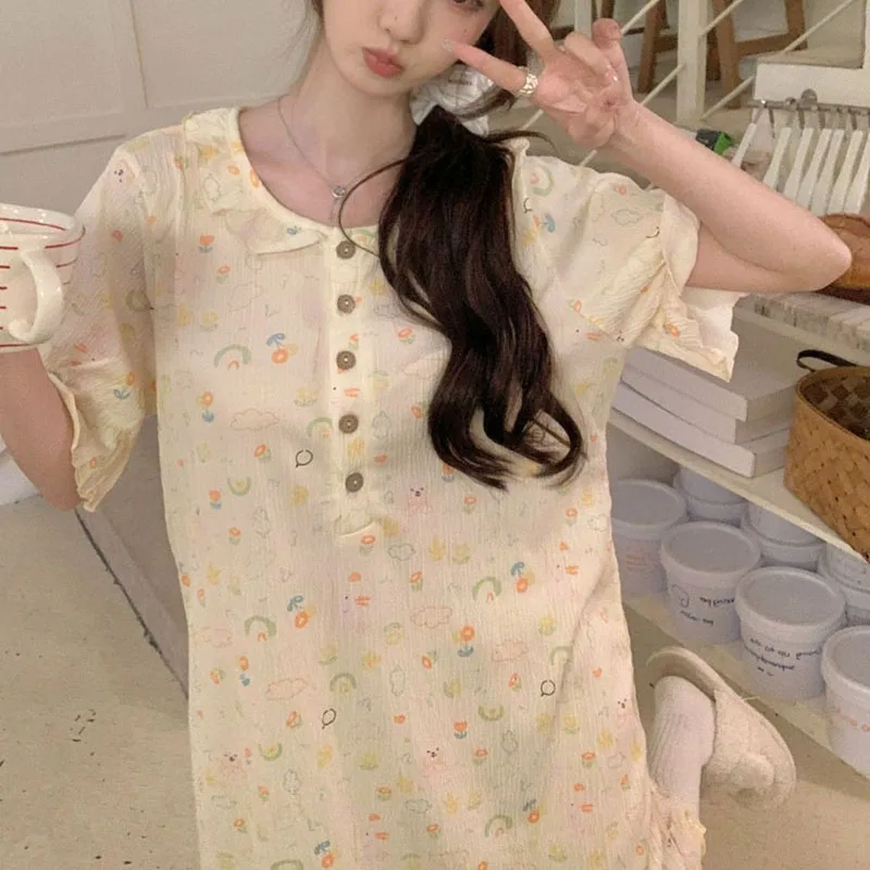 Women Nightgown Floral Print Sleepwear Short Sleeve Night Wears Nightgowns Home Sleeping One Piece Pajamas Dress Robe 2024 New