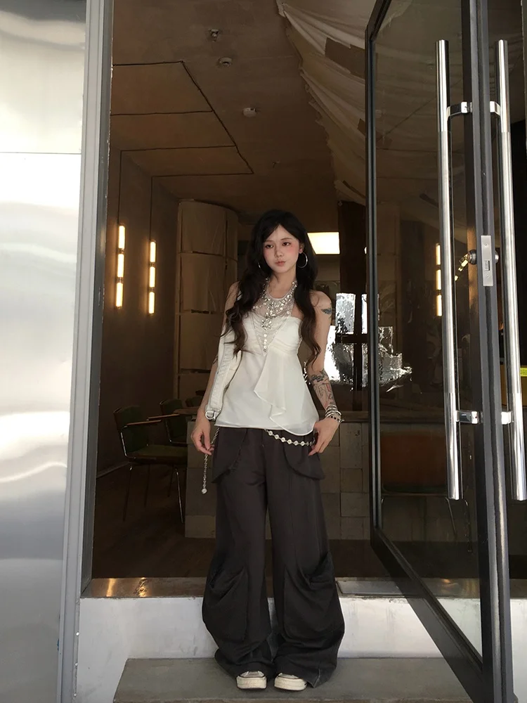 

Корейский шифоновый топ Forlions Sle Pure Desire Aosphere Snowflake Diamond Embellied с ремешком на талии, топ-труба