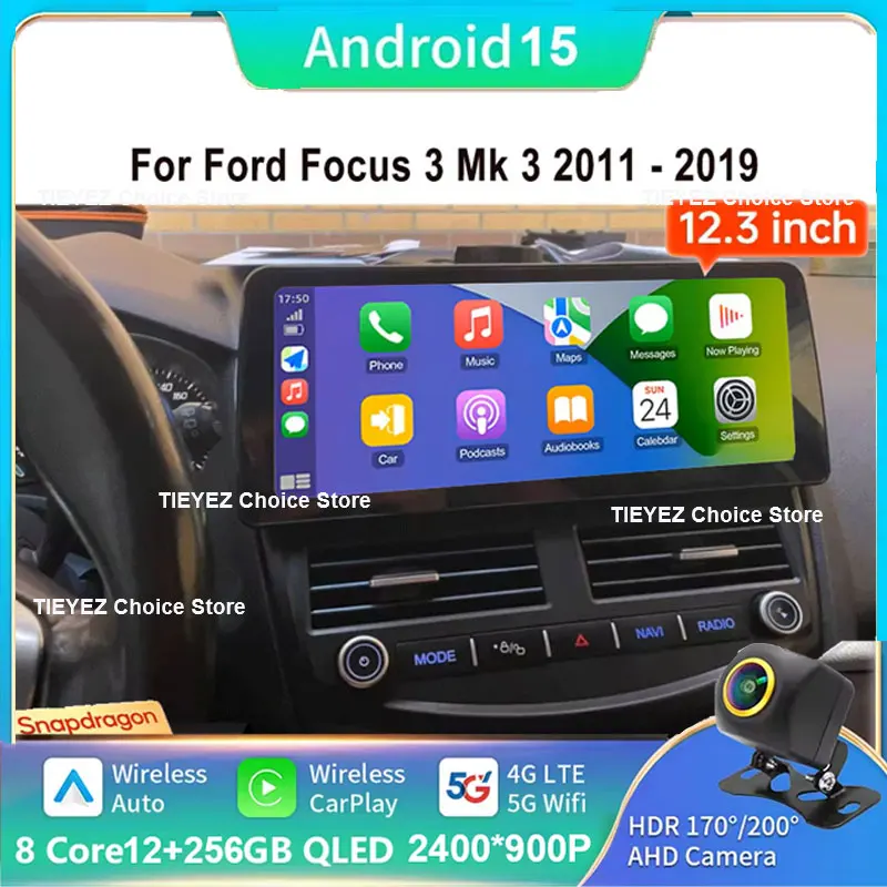 12.3 inch Car Radio android 15 For Ford Focus 3 Mk 3 2011 - 2019 auto Multimedia player Video Player GPS wireless Carplay