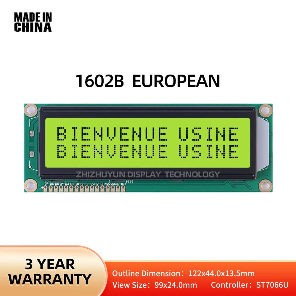 1602B European Large Character Dot Matrix Screen Monochrome Yellow Green Film Controller ST7066U LCD Display