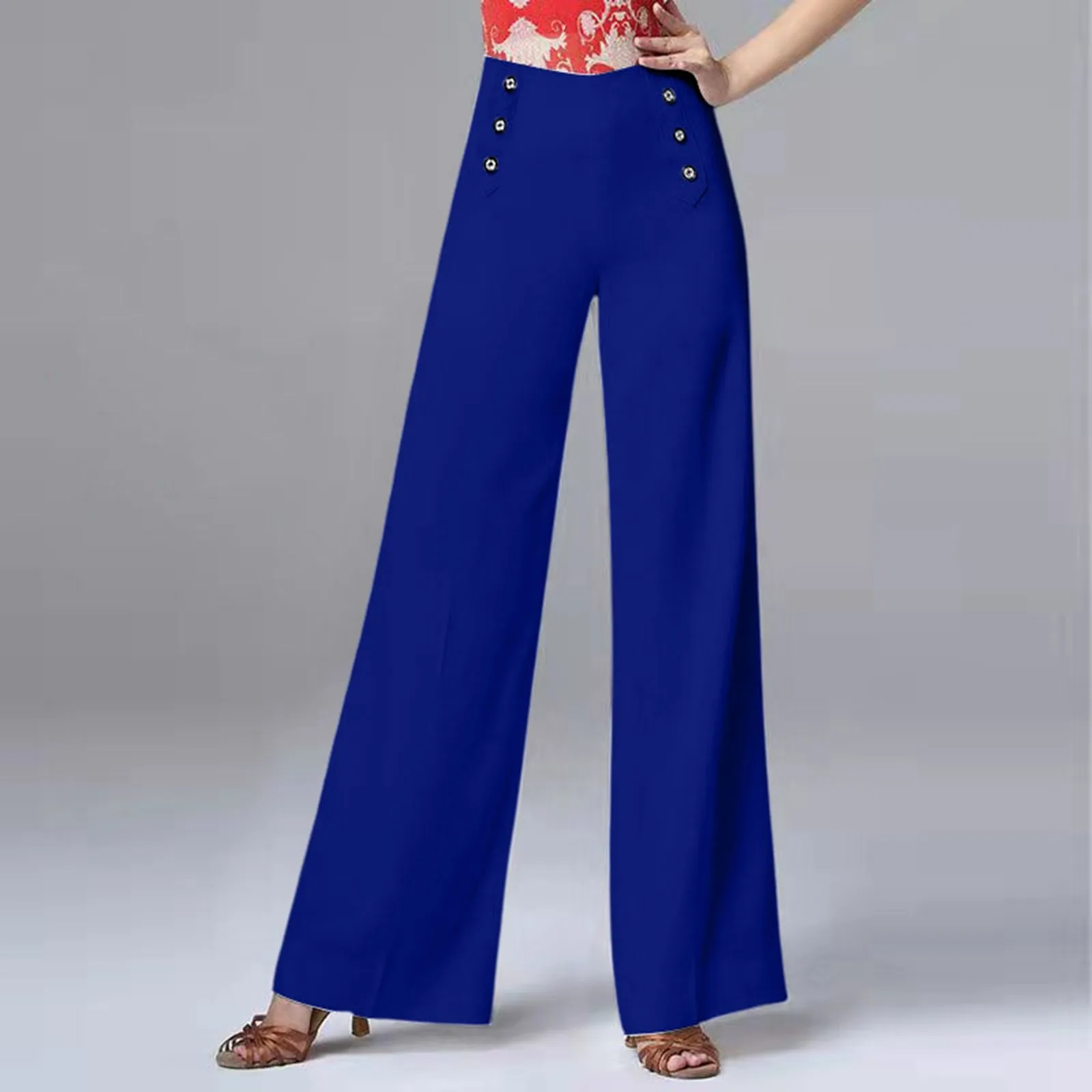 Spring And Autumn Fashion Women'S High Waist Wide Leg Pants Solid Button Bright Line Decoratio Loose Office Lady Casual Pants