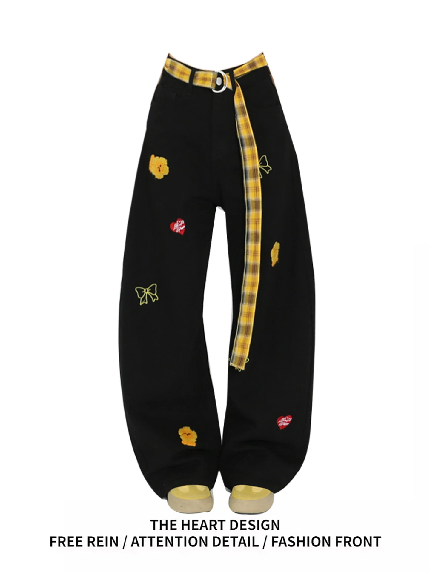 

Loose Fit Casual Bla Denim Jeans Women's High Waist Straight Leg Cartoon Embroidery Summer 2025 Wide Leg Pants