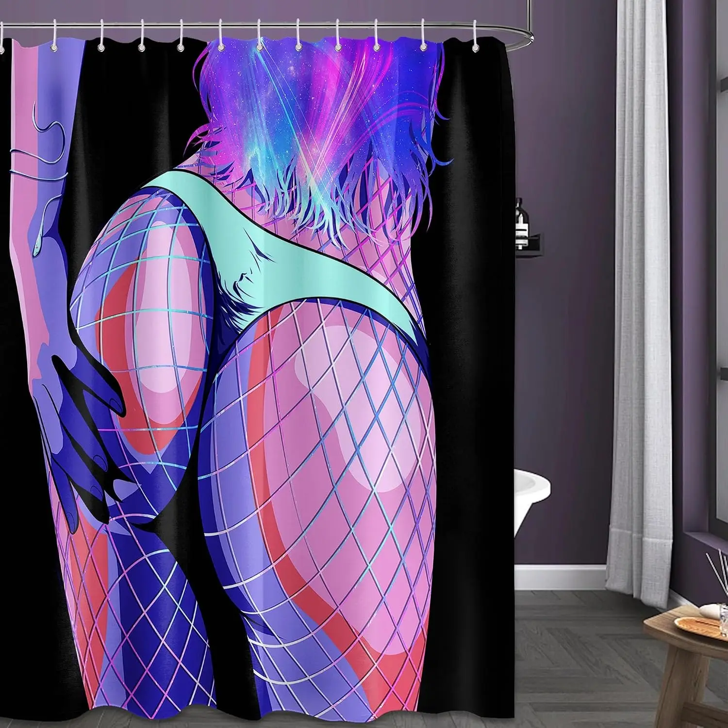 Sexy Anime Girl Shower Curtain, Neon Cyberpunk Fishnet Stockings Bath Decor, Purple Pink Gradient, Waterproof Polyester Fabric