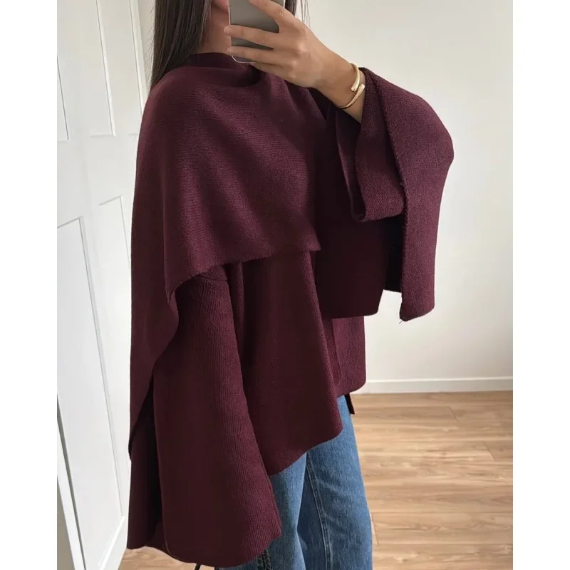 Knitted Short Coat Jacket Shawl Fashion Loose Casual Sleeved Coat Autumn Lady Cape Scarf Collar Outwear Pullover Sweater