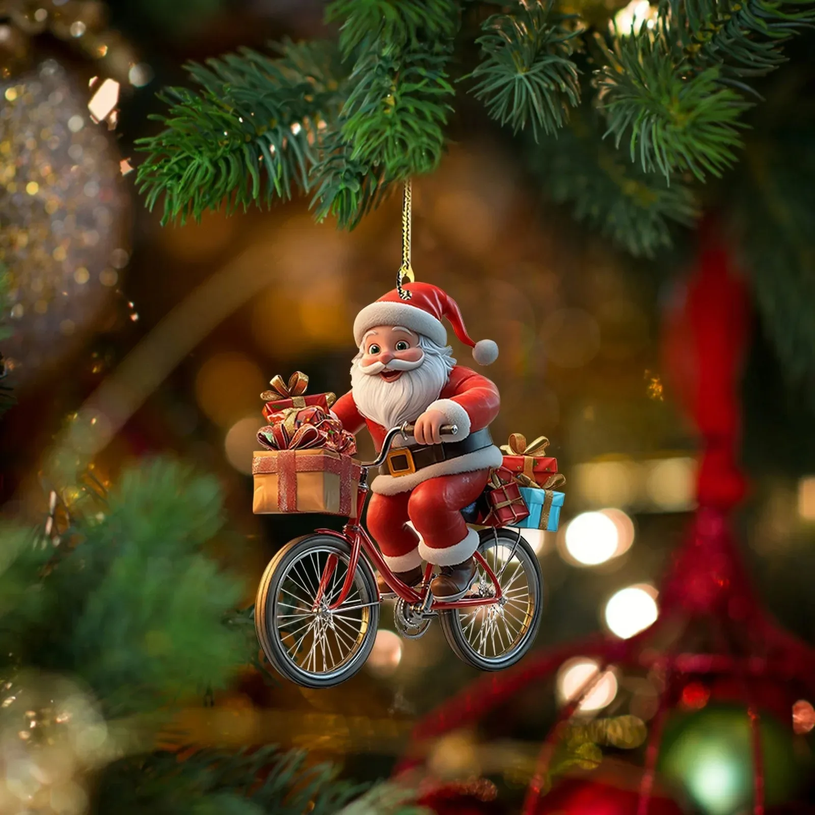 2d Acryl Winter Dekorative Hängende Cartoon Weihnachtsmann Fahrrad Geschenke Weihnachten Anhänger Weihnachtsbaum Dekoration