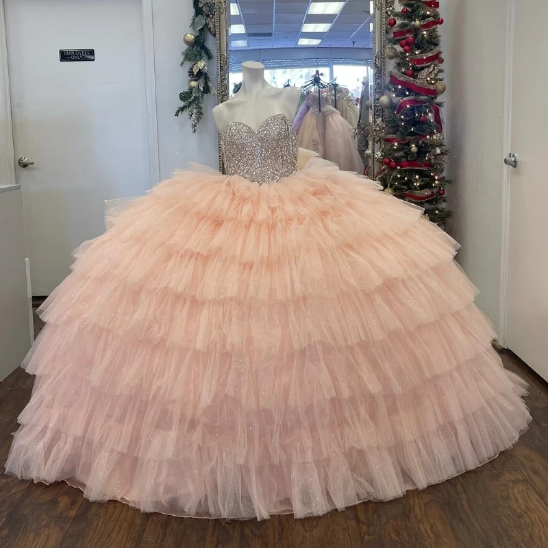 Sparkly Pink Quinceanera Dresses 2024 Sequined Off The Shoulder Ball Gowns Beads Tull Tiered Birthday Prom Dress Vestidos De 15