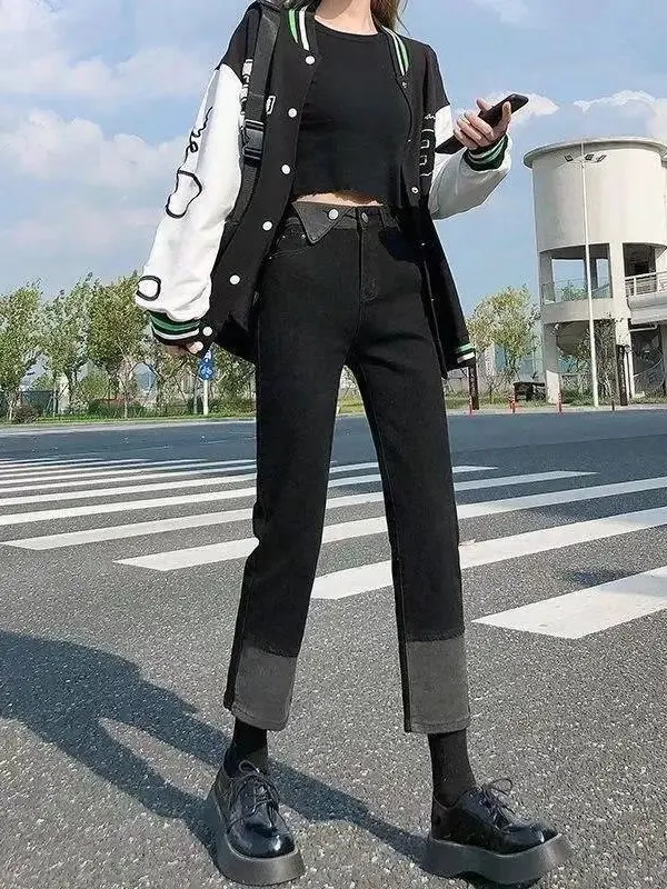 

High Waist Straight Leg Jeans Women's Patchwork Nine Points Wide Leg French Bread Smoke Tube Pants Design Sense Autumn Clothes