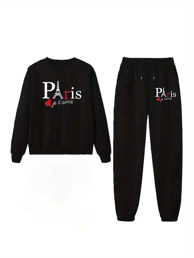 Romantic Paris Tower letters and graphic printed suit, women\'s crew neck sweatshirt and trousers 2 sets, sports women\'s suit