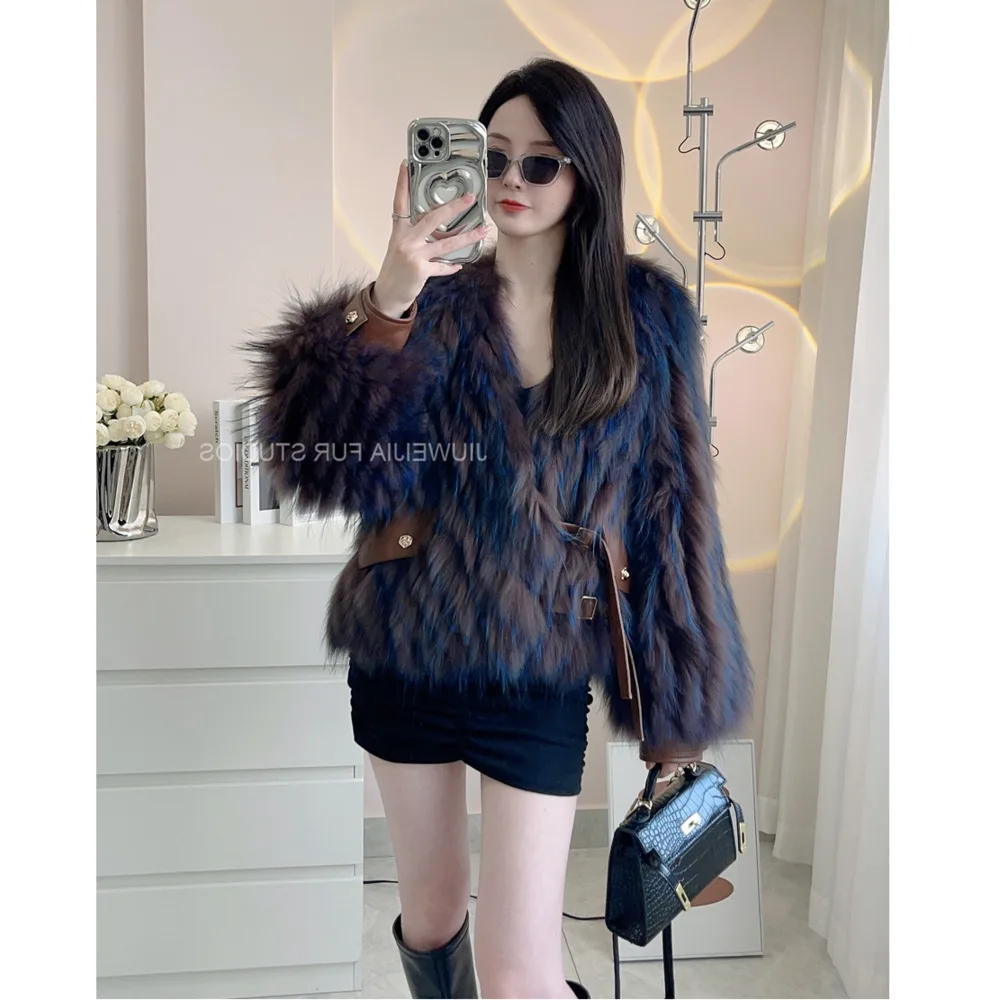 

Winter New Fur Strip Sewed Toghter Short style Thin Raccoon Fur Fox Fur Coat Young Women's Coat