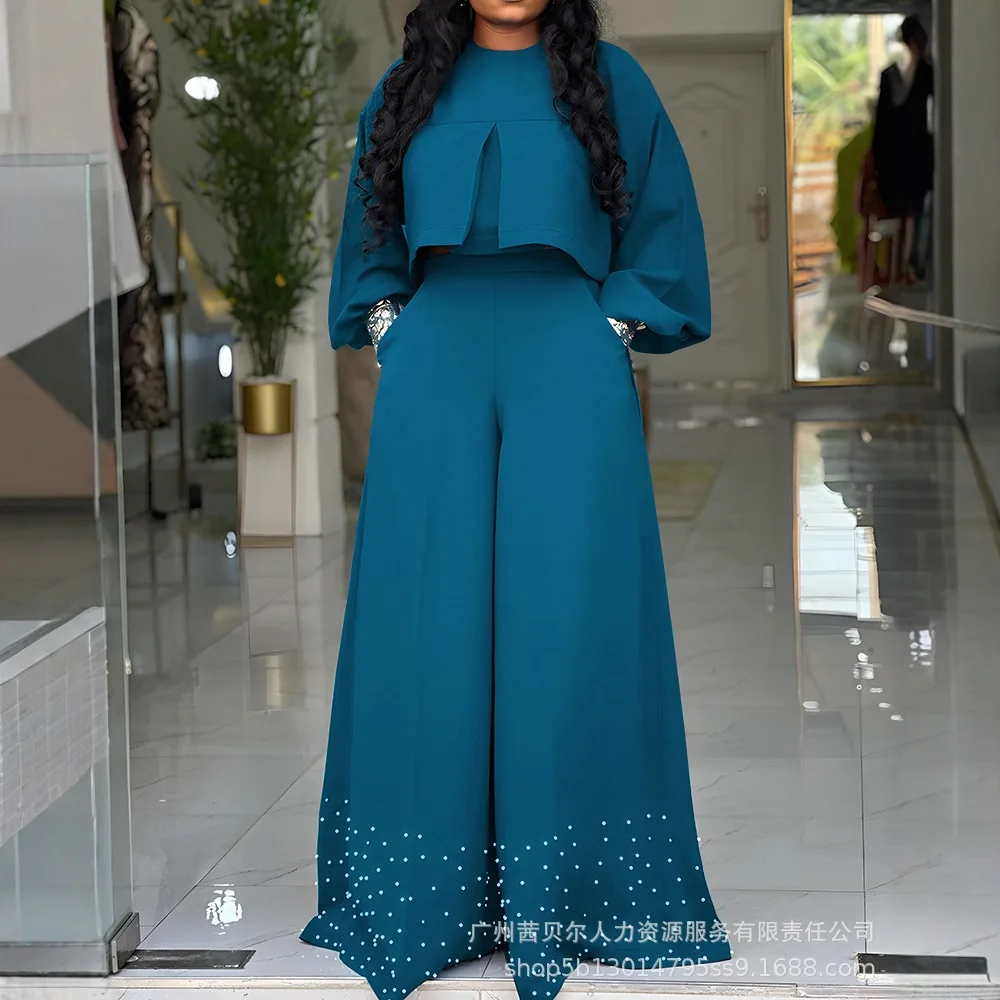 

2025 New Blue Green Bubble Sleeve Short Top Wide Leg Pearl Embellished Pants Two Piece Set Women Fashion Temperament Suit