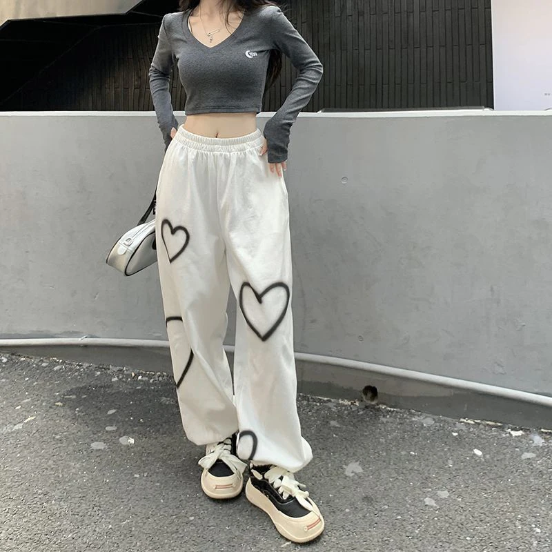 High Quality Heart Printing Casual Pants Women Bf Cotton Vintage Loose Straight Jogging Pants Fashion Hip Hop Streetwear