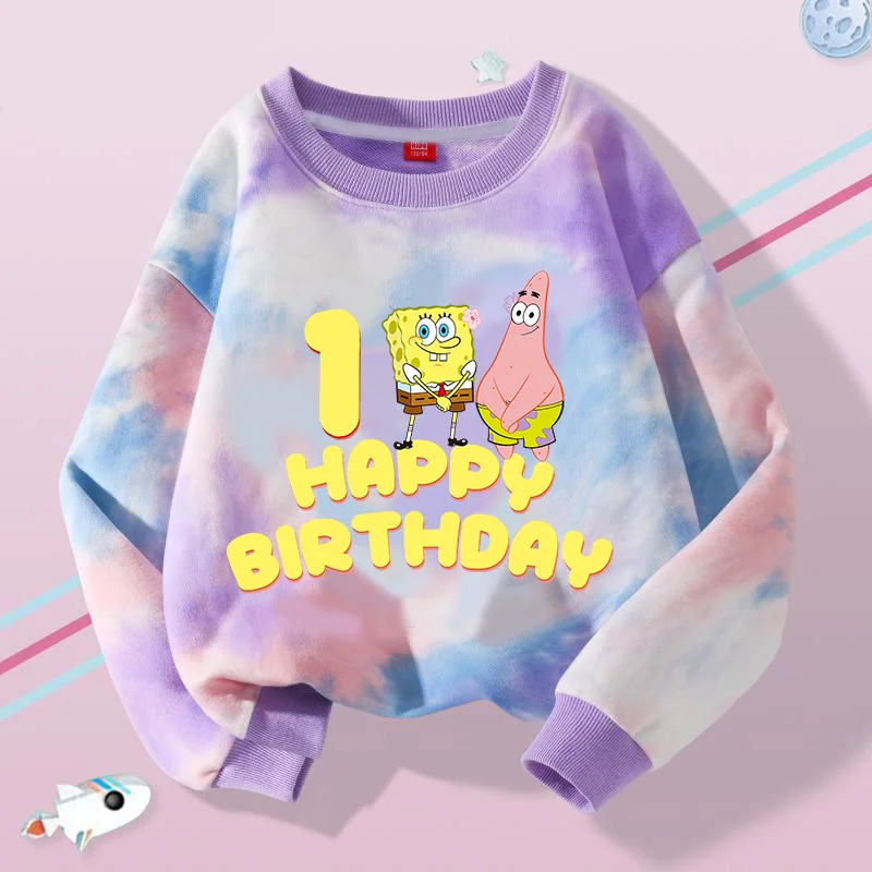 SpongeBob SquarePants Kids Long Sleeves Birthday Number 1-10 Child Sweatshirts Soft Comfortable Baby Pullover Kawaii Anime Tops