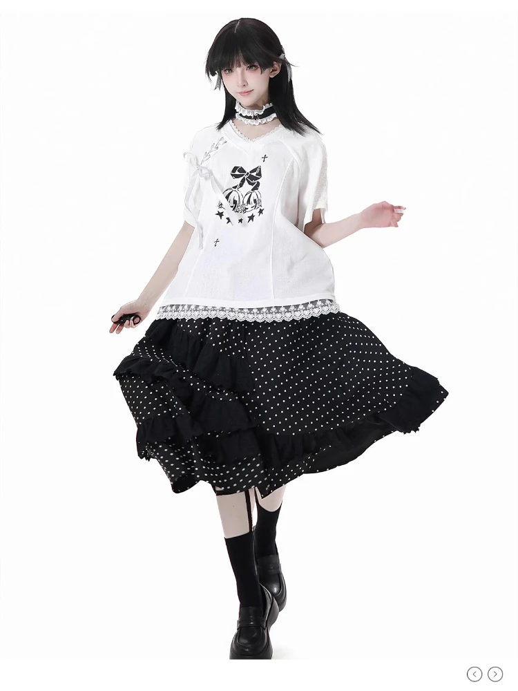 2025年夏 ハイストリート ドット柄 ロングスカート ファッション 多用途 伸縮性 ハイウエスト Aライン フリル スプライシング イレギュラー ブラック スカート レディース