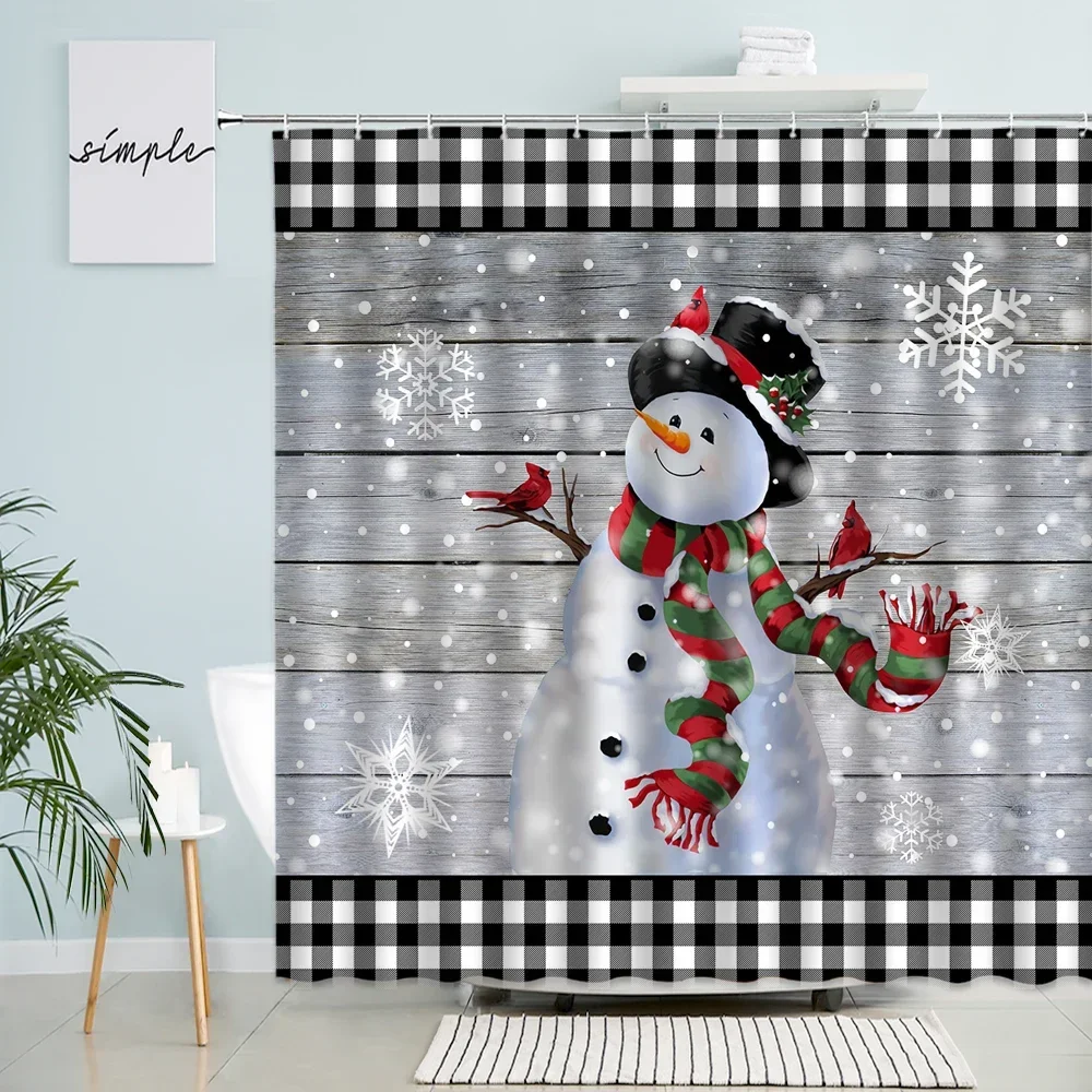 Funny Cartoon Snowman Shower Curtains Red Berries Deer Black White Buffalo Plaid Creative Christmas Bathroom Curtain Home Decor