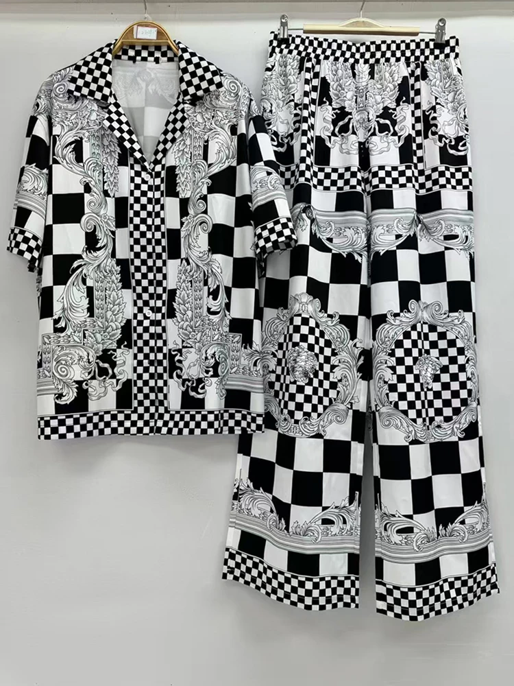 Designer retro geometric print lapel short-sleeved shirt two-piece 2026 summer women's dress+loose wide-leg pants fashion suit