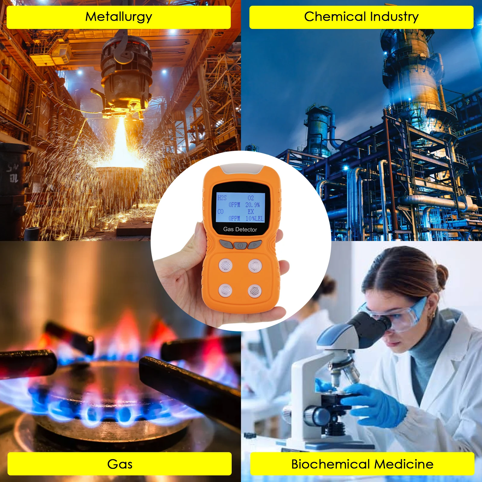 4-in-1 Digital Portable Gas Detector Multifunctional CO H2S O2 LEL Hydrogen Sulfide Rechargeable Meter Back Clip Audio Visual