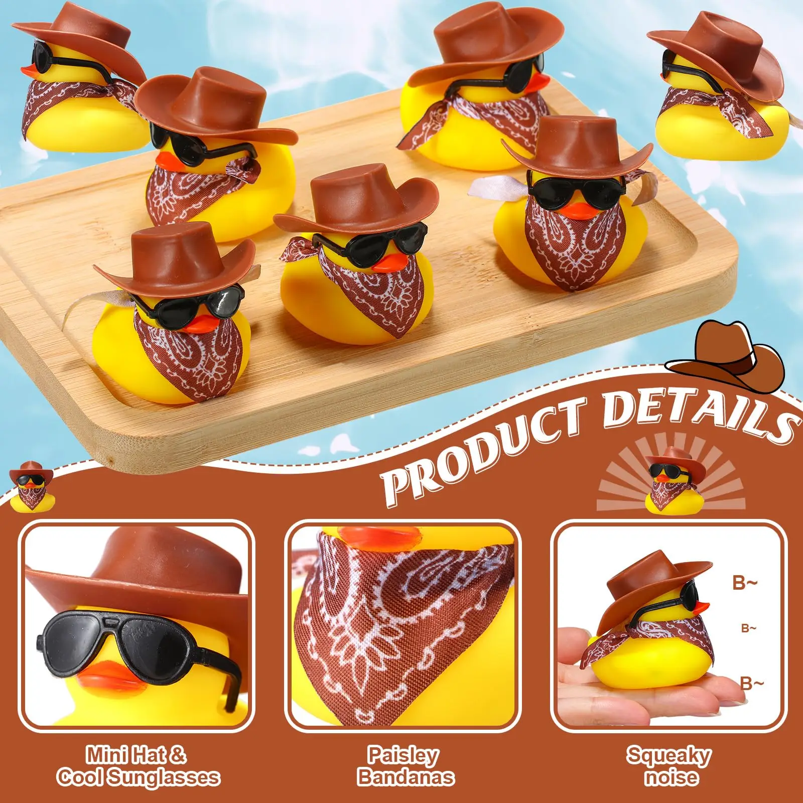 60 Set Cowboy Rubber Ducks with Scarf Hat and Sunglasses Mini Bath Duck Toys for Birthday Swimming Party Gift Favor Decorations