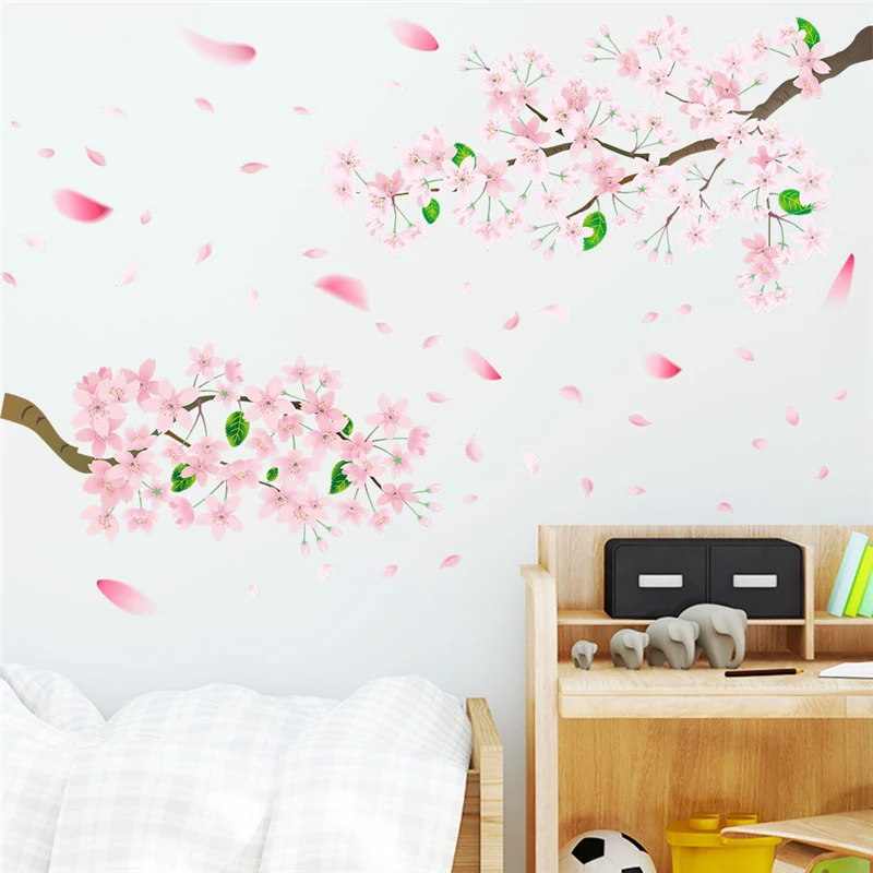 Blooming Pink Sakura Tree Wall Stickers For Office Store Studio Home Decoration Diy Plant Mural Art Pvc Decals Pastoral Posters