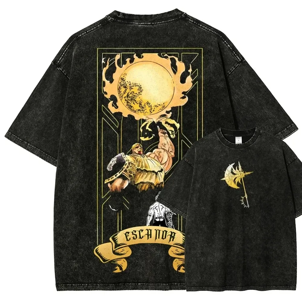 Japan Hot-blooed Anime Seven Deadly Sins Escanor Graphic WashedT-shirt Men Women Oversized Vintage Cotton Streetwear Y2k Clothes