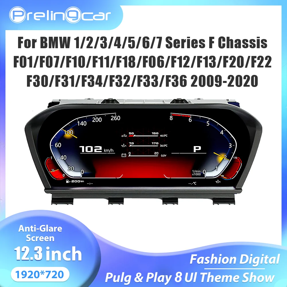 12,3'' Digitales Dashboard für BMW 1/2/3/4/5/6/7 Serie F-Chassis F01/F07/F10/F11/F18/F06/F12/F13/F20/F22/F30/F31/F34/F32/F33/F36 2009-2020 LCD-Dashboard-Panel Instrumententafel Tachometer Virtuelles