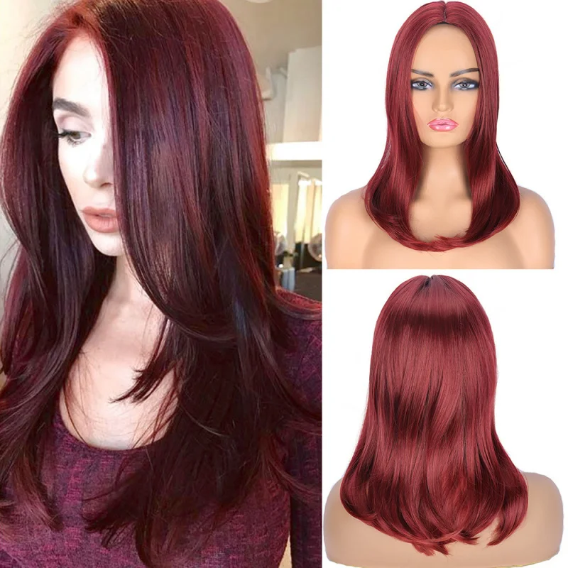 

European and American Style Wig for Women, Mixed Wine Red, Middle Part, Inner Buckle, High-Temperature Fiber, Elastic Inner Net