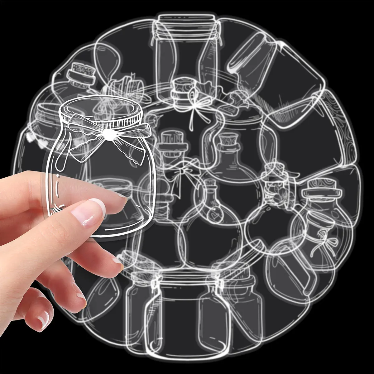 50 Transparent Pet Line Drawing Style Bottle Stickers, Wish Bottle Glass Bottle Design, DIY Journal Decoration Materials