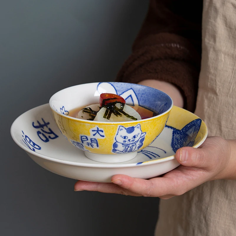 Cartoon Kitten Dinner Plate and Bowl Set Ceramic Lucky Cat Serving Dish, 8 Inch Pasta Plate, 5 Inch Rice Salad Bowl