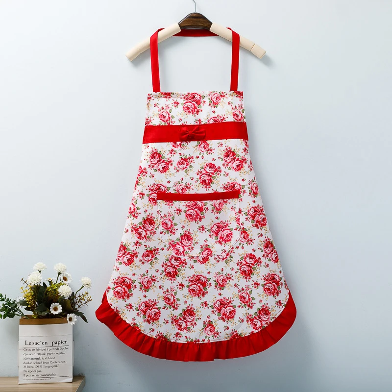 Cotton Canvas Floral For Women\'S Kitchen Oilproof Apron With Pockets And Adjustable Waist Belt Waterproof Sleeveless Bib Apron