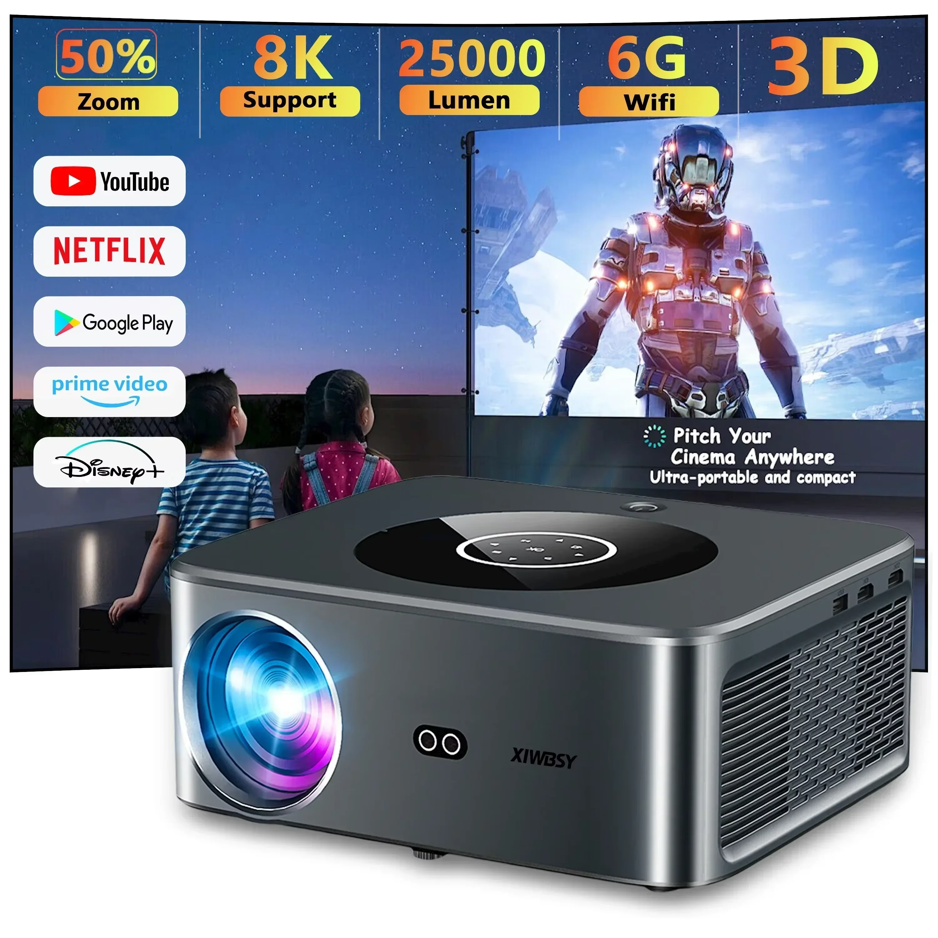 Projektor LED 4K Android XIWBSY 25000 Lumenów 800ANSI WiFi6 Bluetooth Projektor Wideo Kino Domowe Auto Focus/Keystone Proyector