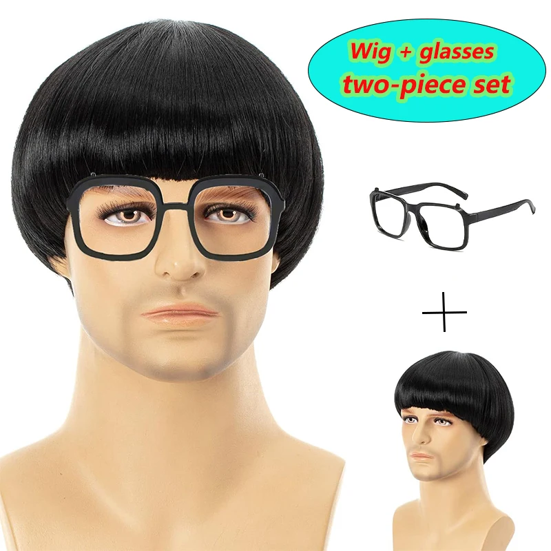 

Мужской прямой черный парик-гриб с челкой и оправой для очков, комплект из двух предметов, короткая стрижка чаши, забавный парик Nerd из синтетического волокна