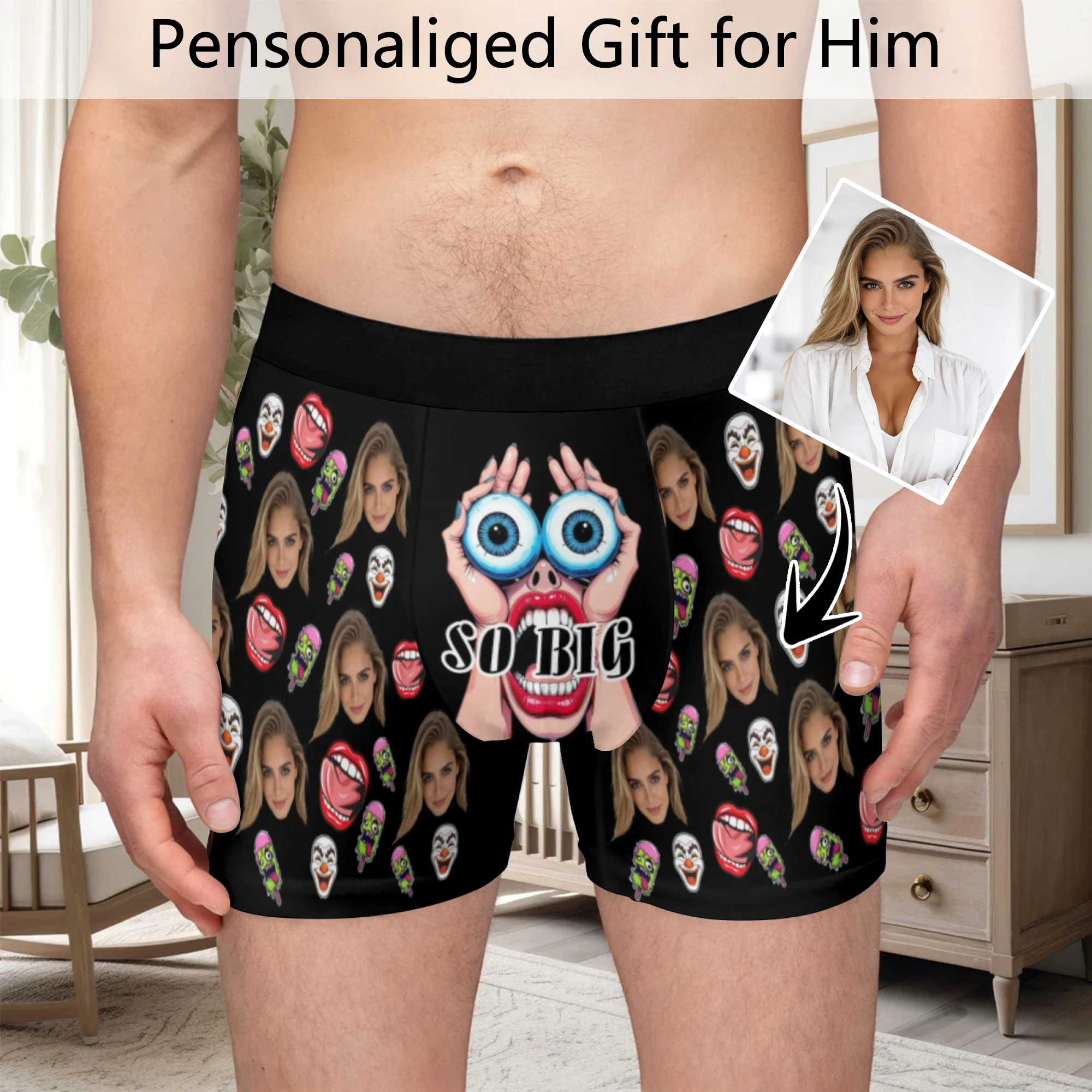 

Мужское длинное нижнее белье с индивидуальными фотографиями на лице, подарок на День святого Валентина, нижнее белье, дышащее и удобное